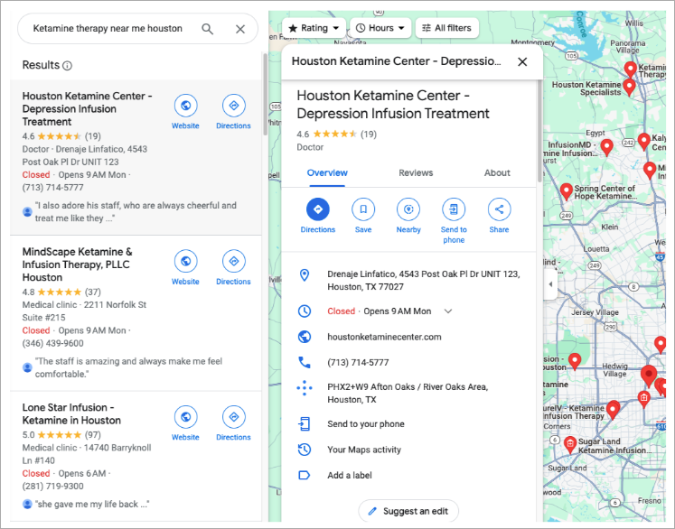 A screenshot of Google Maps search results for "Ketamine therapy near me Houston." The left side shows a list of locations, including Houston Ketamine Center, MindScape Ketamine & Infusion Therapy, and Lone Star Infusion under their Google Business Profiles. The right side displays details for Houston Ketamine Center. - Ketamine