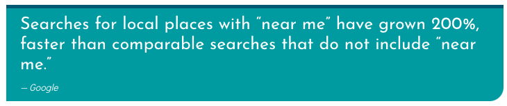 A teal background with white text that reads: "Searches for local places with 'near me' have grown 200%, faster than comparable searches that do not include 'near me.'" - Google. Optimize your Google Business Profile for Local SEO to address this surge effectively. - Ketamine