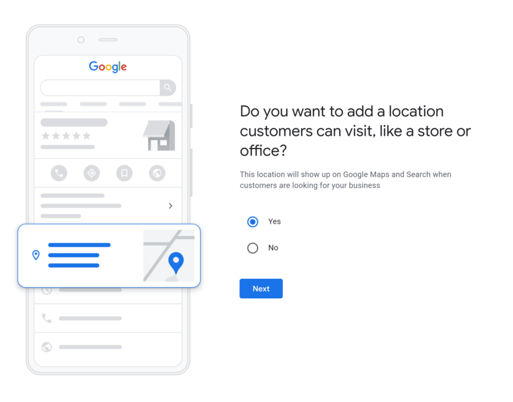 A smartphone screen displays a Google Business Profile interface asking, "Do you want to add a location customers can visit, like a store or office?" with radio buttons for "Yes" and "No." A blue "Next" button is below the options. This setup is crucial for Local SEO success. - Ketamine
