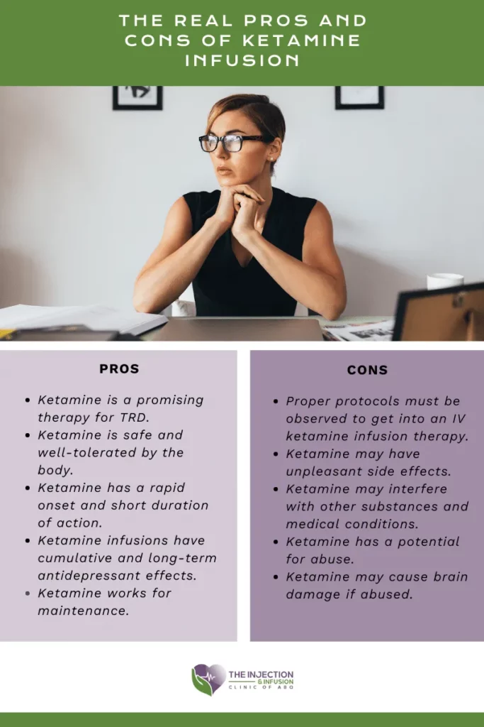A woman wearing glasses and a brown top sits at a desk, thinking with a pen in hand. The image has text about the pros and cons of Ketamine Therapy in 2024. Pros include rapid onset and long-term effects. Cons include possible side effects and heart damage risk. - Ketamine