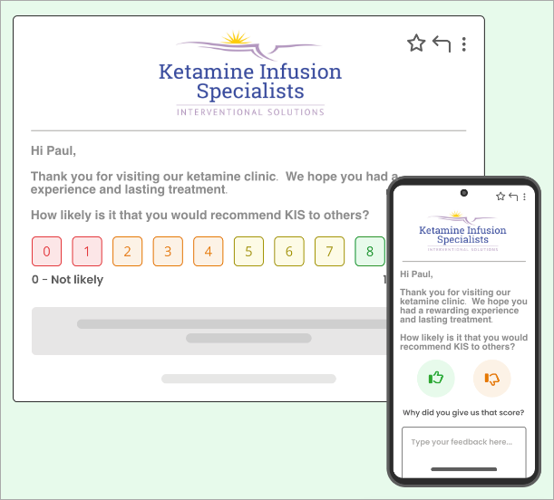 An email from Ketamine Infusion Specialists is displayed on a computer screen, asking the recipient, Paul, to rate their Ketamine Therapy experience with a likelihood scale from 0 to 10. A smartphone next to the screen shows the same email layout and content. - Ketamine