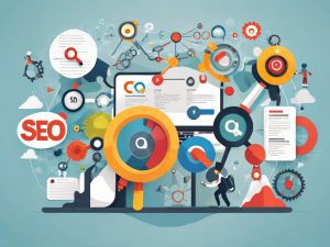 A colorful digital illustration depicting a complex web of gears, documents, magnifying glasses, and graphs surrounding a laptop screen. The term
