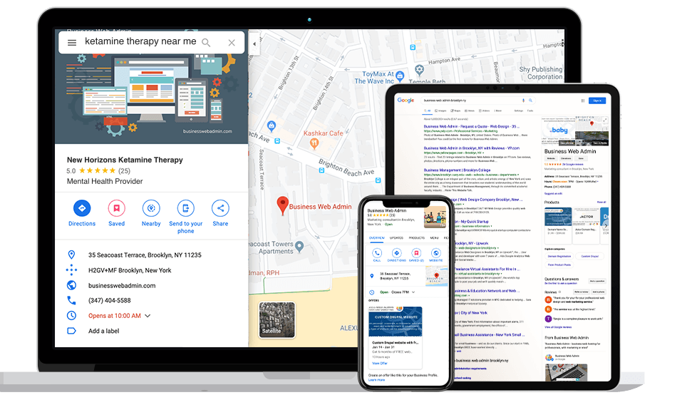 A laptop, tablet, and smartphone are displayed against a white background. All screens show search results for "ketamine therapy near me" on Google Maps. The laptop and tablet provide map views with details about a therapy center; the phone shows search results for centers close to home. - Ketamine