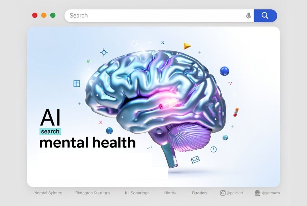 A computer screen displays a stylized digital brain with abstract icons and the text "ai search mental health" on a sleek web page. The metallic brain, in blue and purple hues, highlights the power of ai search in understanding mental health. - Ketamine