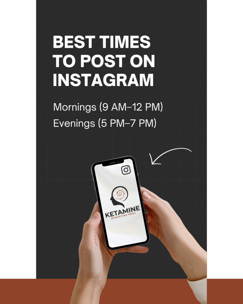 A person holds a smartphone displaying a ketamine-related logo. Text above reads, "Best times to post on Instagram: Mornings (9 AM–12 PM), Evenings (5 PM–7 PM)"—ideal tips for ketamine clinics using Instagram marketing as a key channel. An arrow points to the phone. - Ketamine
