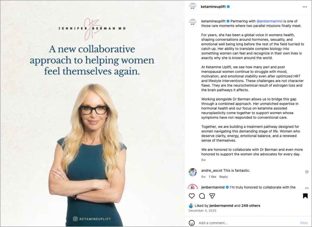 A woman with long blonde hair and glasses stands with arms crossed in front of a white background. Text reads: "A new collaborative approach to helping women feel themselves again." Ketamine marketing logo and website are visible below. - Ketamine