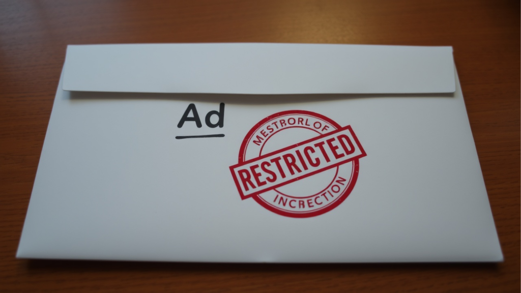 A white envelope labeled "Ad" with a large red "RESTRICTED" stamp and the partially visible words "MESTRORL OF INCRETION," placed on a wooden surface, highlights strict advertising restrictions for ketamine therapy. - Ketamine