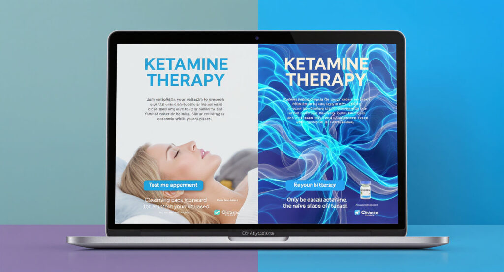 A laptop displays two side-by-side digital ads for ketamine therapy, highlighting treatment options. The left ad shows a relaxing woman with informative text, while the right features abstract blue graphics&mdash;all designed to advertise ketamine therapy within advertising restrictions. - Ketamine