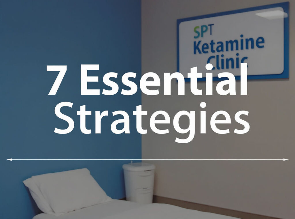 A minimalist clinic room with a single bed, a white bin, and a sign that reads "SPT Ketamine Clinic." Overlaid text says "7 Essential Ketamine Clinic Marketing Strategies. - Ketamine