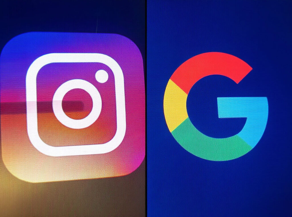 A split-screen image featuring the Instagram logo, ideal for Instagram Ads, on the left and the Google logo on the right&mdash;all set against vibrant backgrounds. - Ketamine