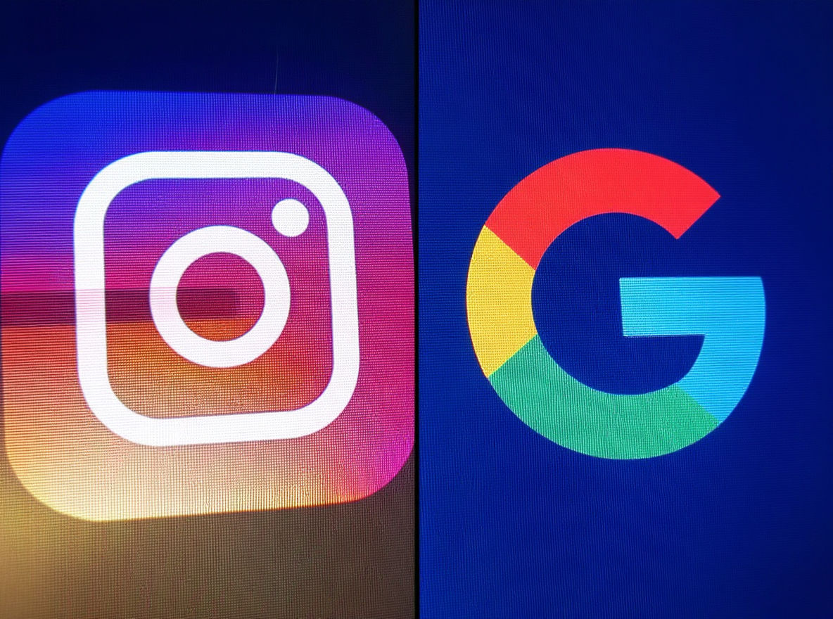 A split-screen image featuring the Instagram logo, ideal for Instagram Ads, on the left and the Google logo on the right&mdash;all set against vibrant backgrounds. - Ketamine