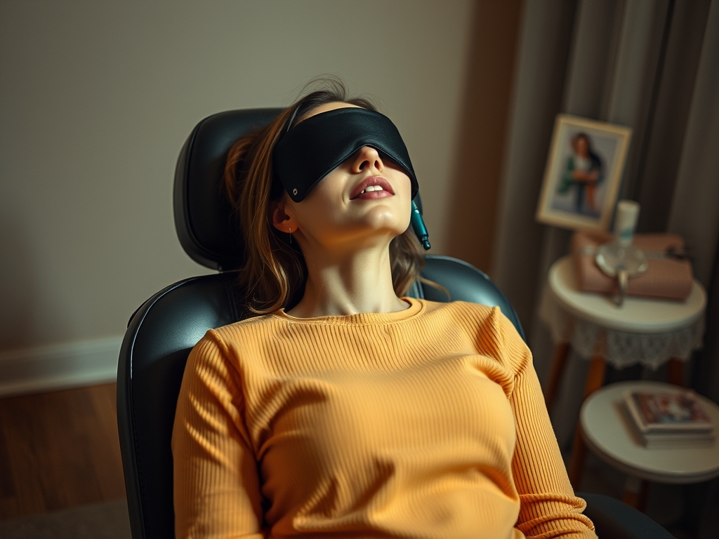 A woman wearing an orange shirt sits in a reclining chair with a black sleep mask over her eyes, beginning her clinical journey. A small table with a photo frame, a cup, and a book is visible in the background. - Ketamine